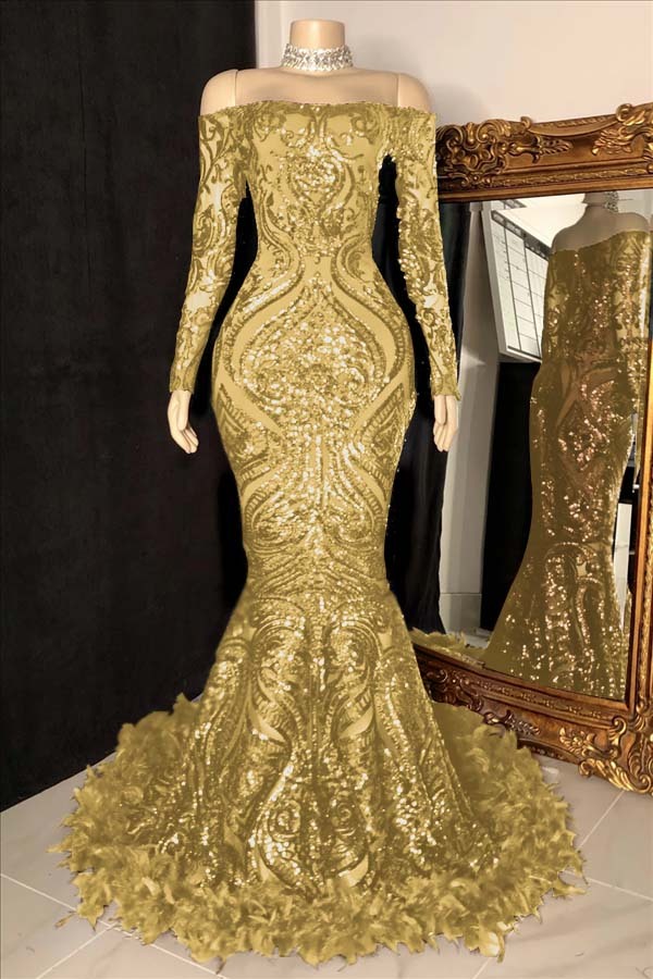 Long Sleeves Strapless Mermaid Prom Dress Sequins Burgundy With Feather