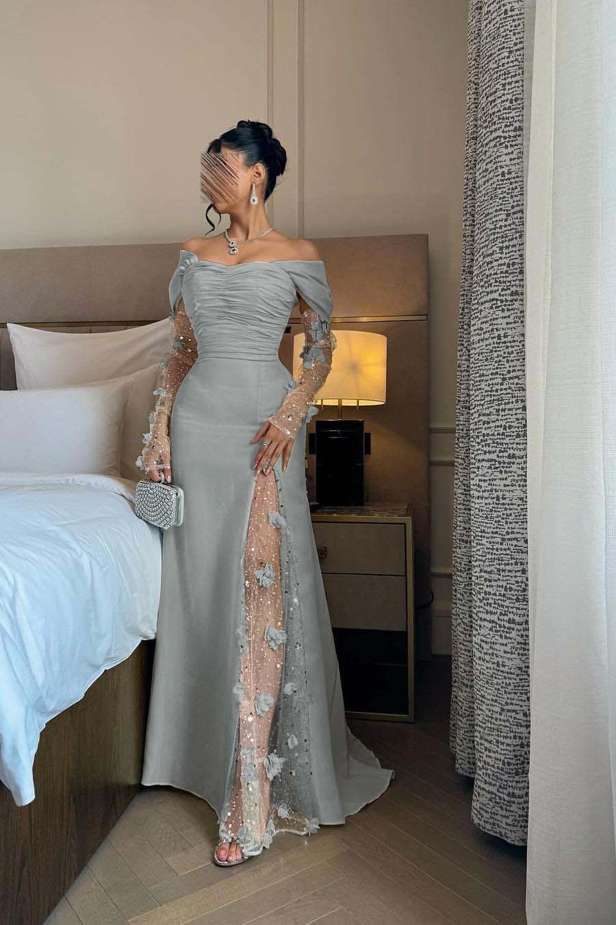 Off the Shoulder Long Sleeves Long Prom Dress With Split Appliques