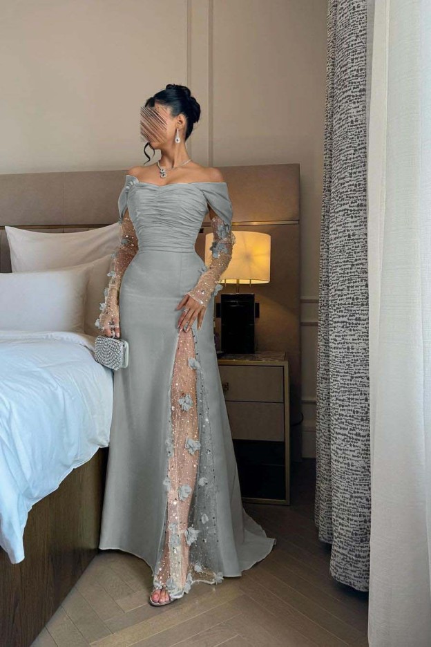 Off the Shoulder Long Sleeves Long Prom Dress With Split Appliques