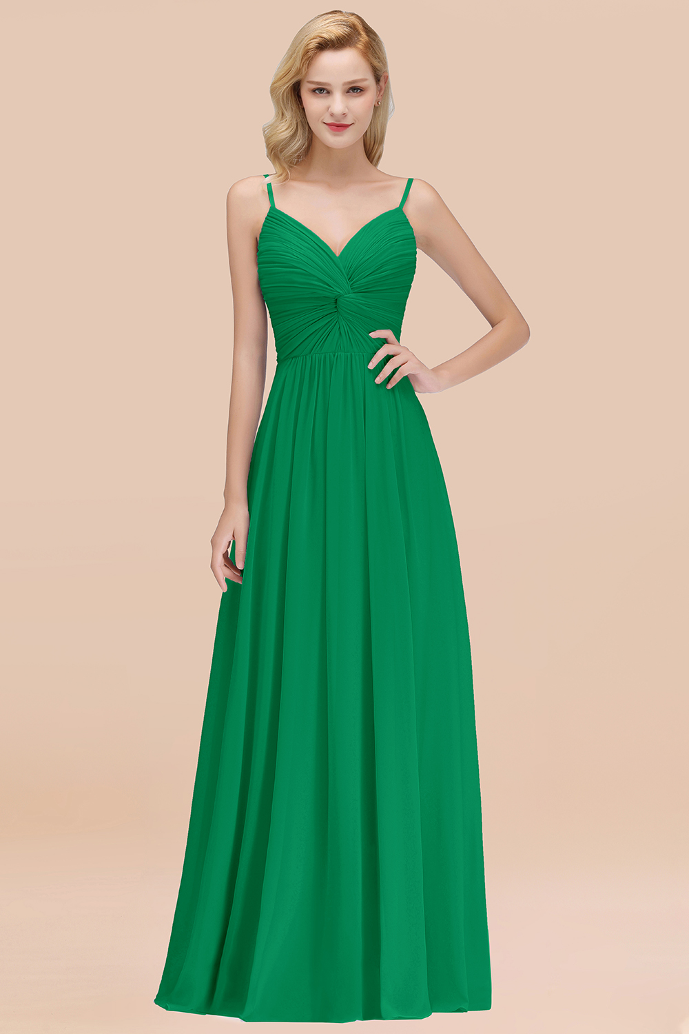 27prom Chic V-Neck Pleated Backless Bridesmaid Dresses with Spaghetti Straps-27prom