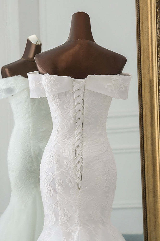 Off-the-Shoulder Long Mermaid Wedding Dress with Tulle Lace