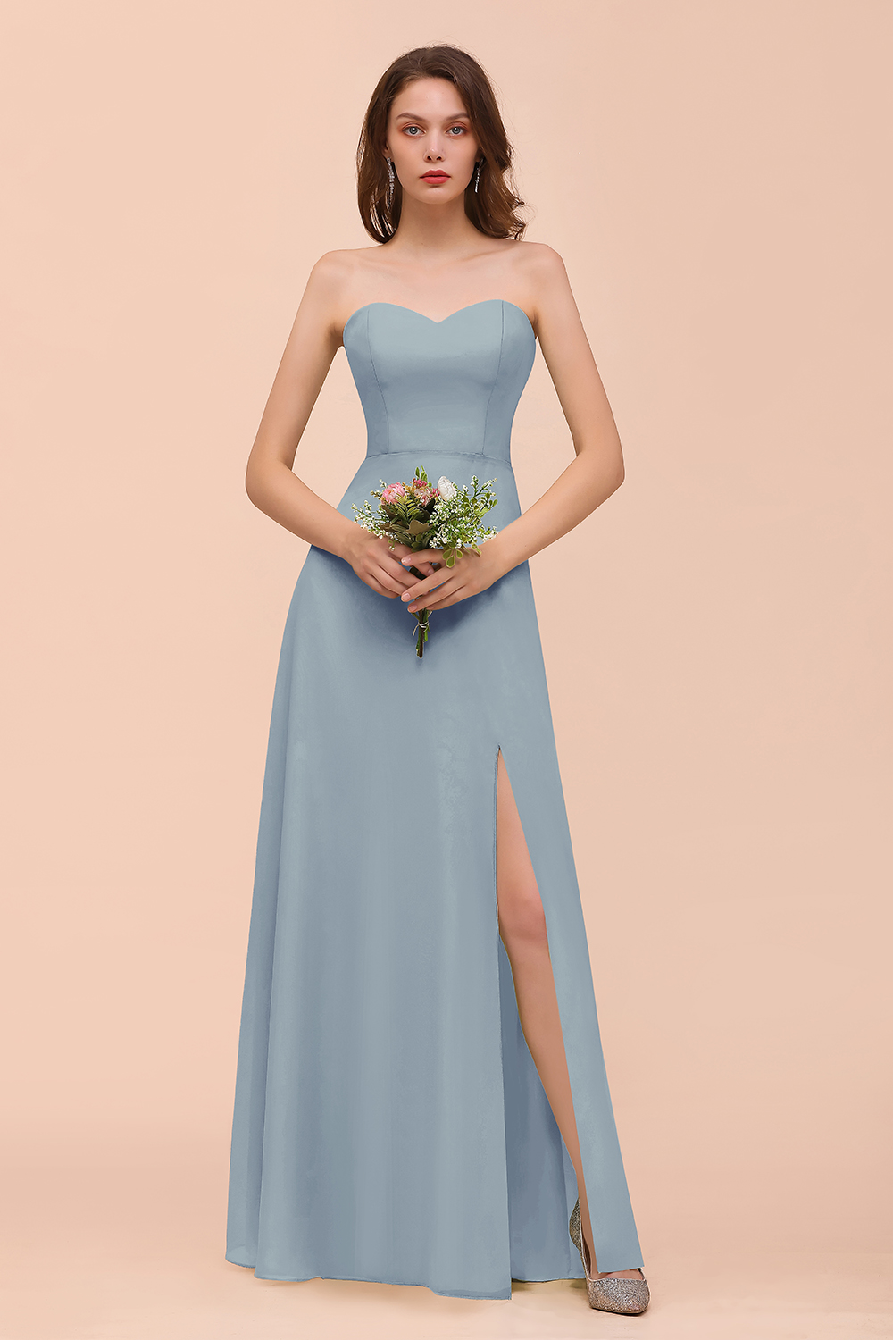 27prom Affordable Strapless Front Slit Long Dusty Sage Bridesmaid Dress-27prom
