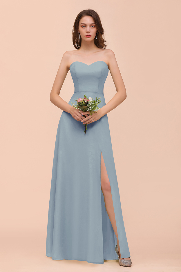 27prom Affordable Strapless Front Slit Long Dusty Sage Bridesmaid Dress-27prom