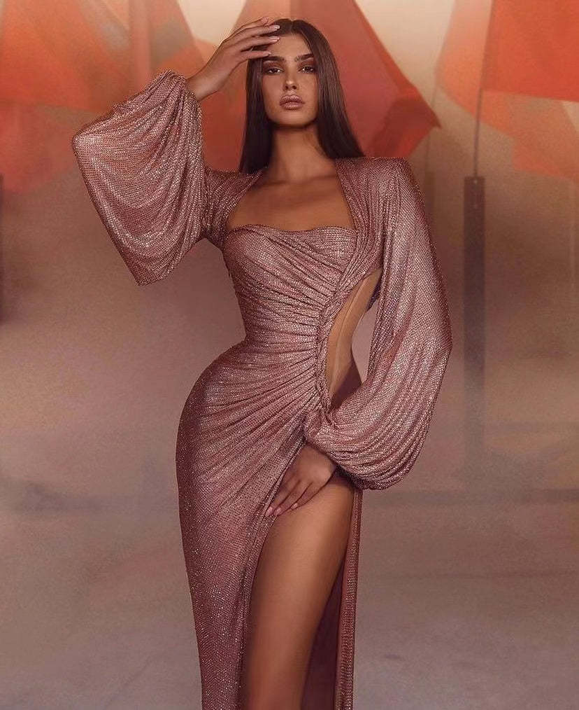 Pink Long Sleeves Mermaid Prom Dress with Slit