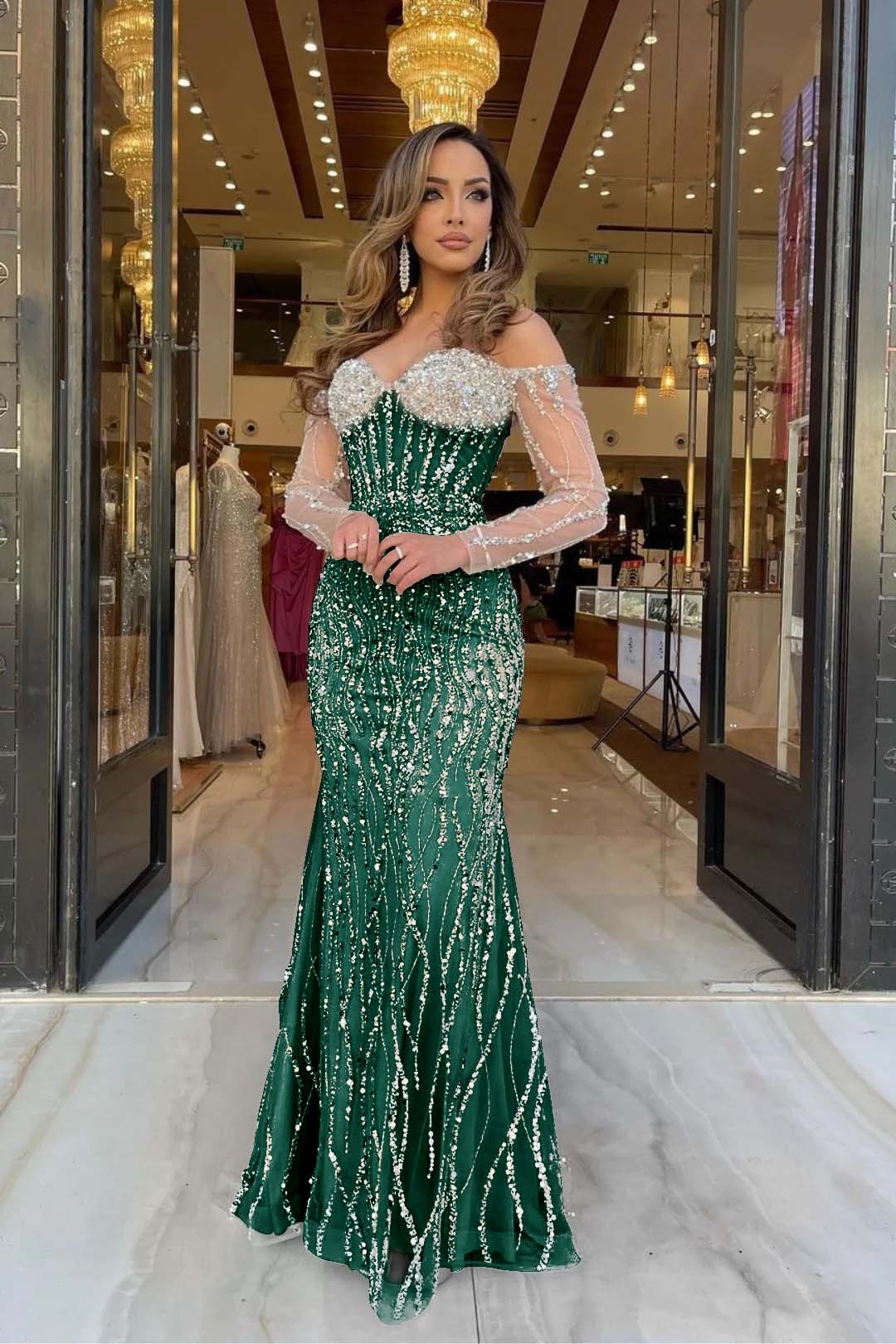 Heavy Prom Dress Sweetheart Long Sleeves Strapless Beading Long Tulle