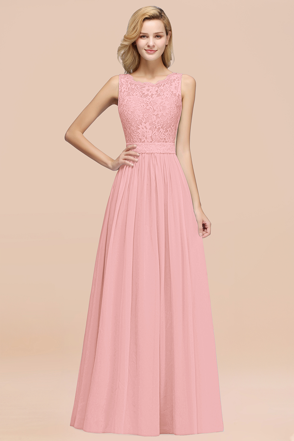 27prom Elegant Chiffon Lace Scalloped Sleeveless Ruffle Bridesmaid Dresses-27prom
