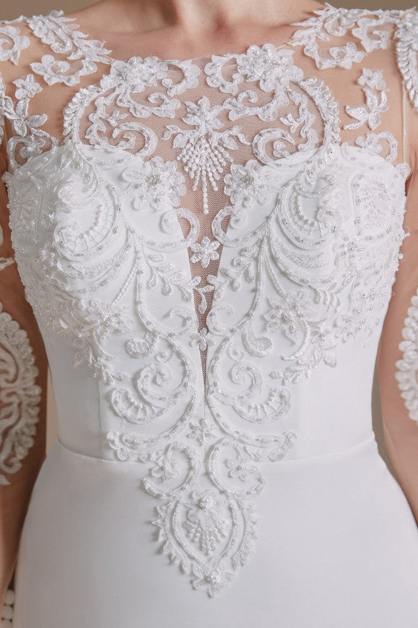 Jewel Neck Satin Lace Long Sleeve Mermaid Wedding Dress