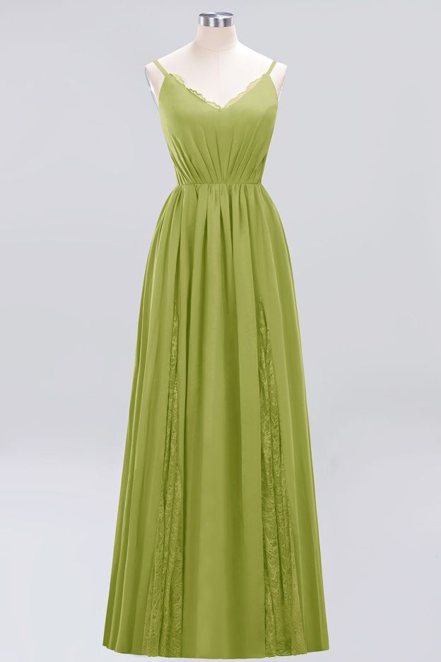 27prom Elegant Spaghetti Straps Long Bridesmaid Dress Lace V-Neck Maid of Honor Dress-27prom