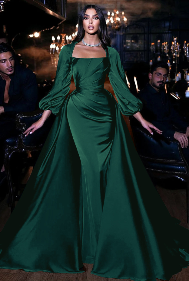 Square Emerald Long Sleeves Pleated Long Mermaid Prom Dress With Ruffles