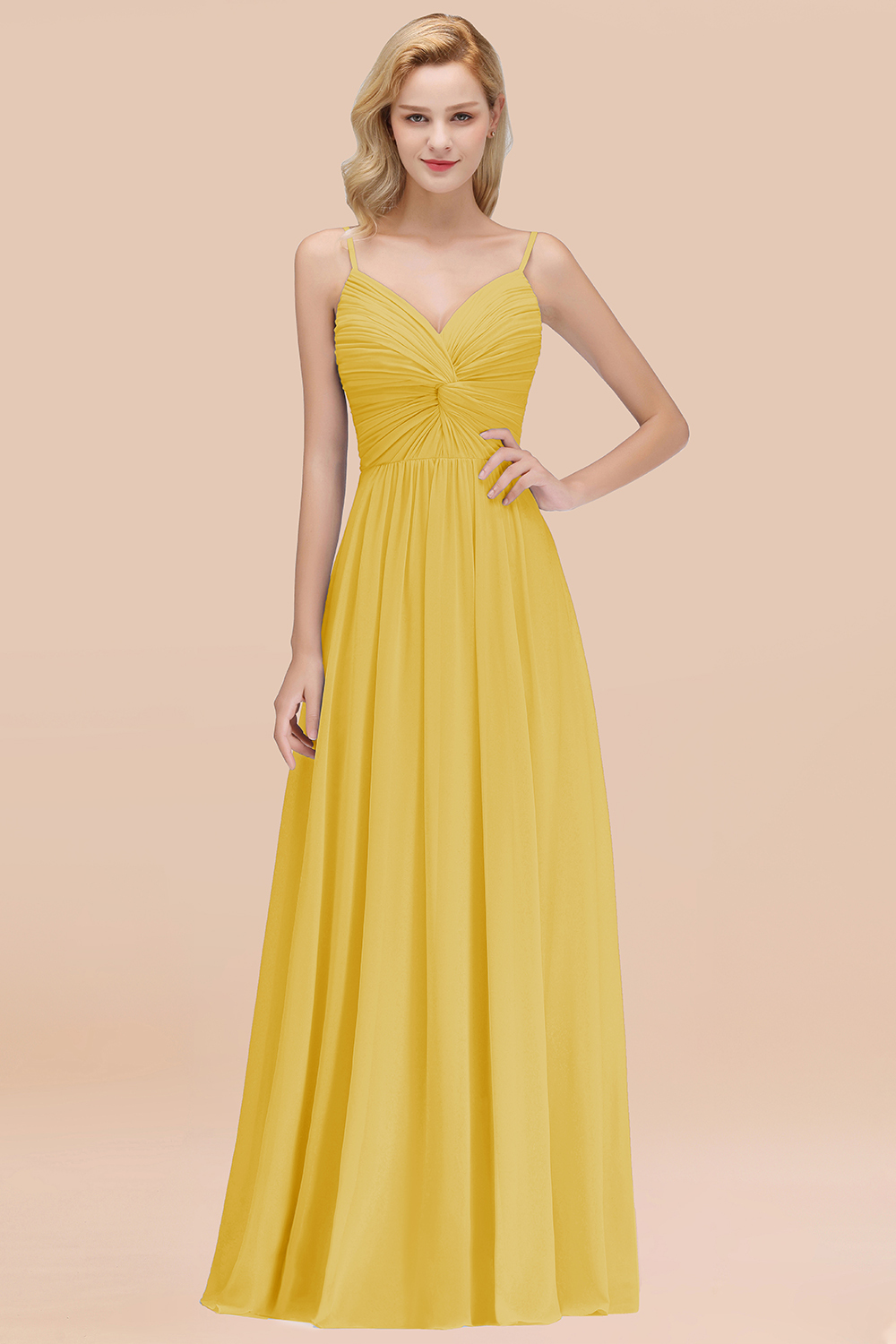 27prom Chic V-Neck Pleated Backless Bridesmaid Dresses with Spaghetti Straps-27prom