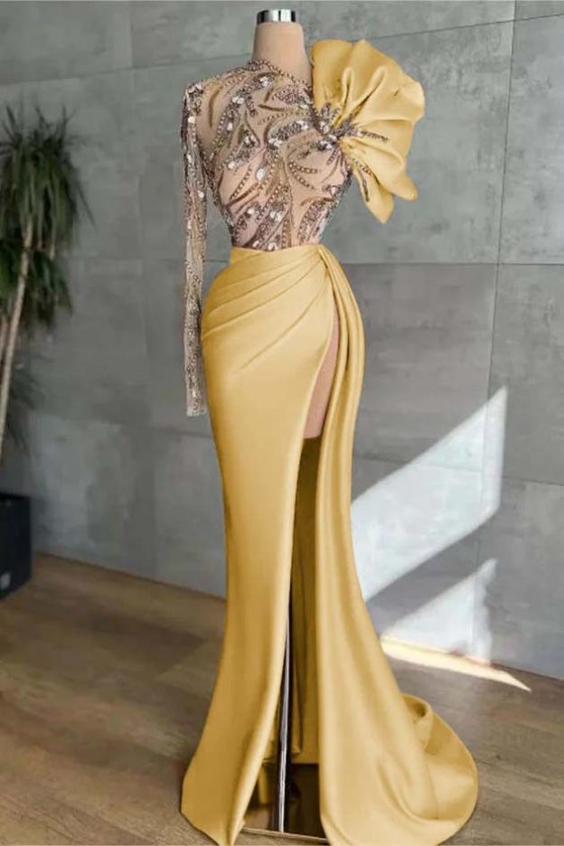 Long Sleeves Long Mermaid Prom Dress With High Split Appliques