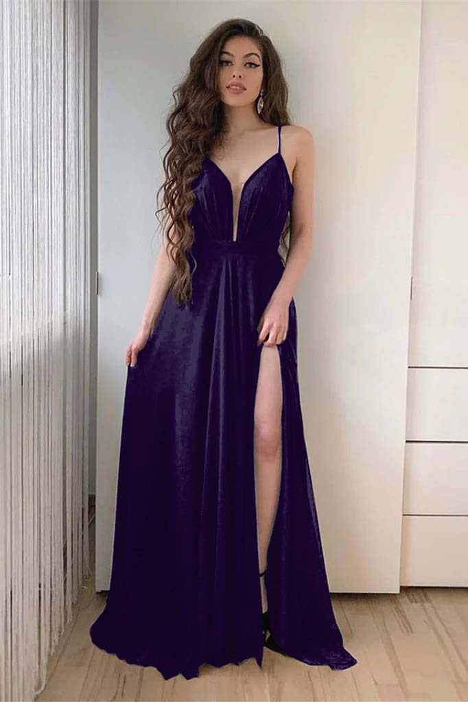 Charming Black Spaghetti Strap Sleeveless Long Prom Dress With Front Split