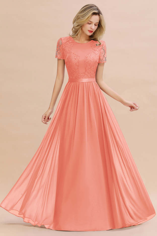 27prom Elegant Chiffon Lace Jewel Short-Sleeves Affordable Bridesmaid Dress-27prom
