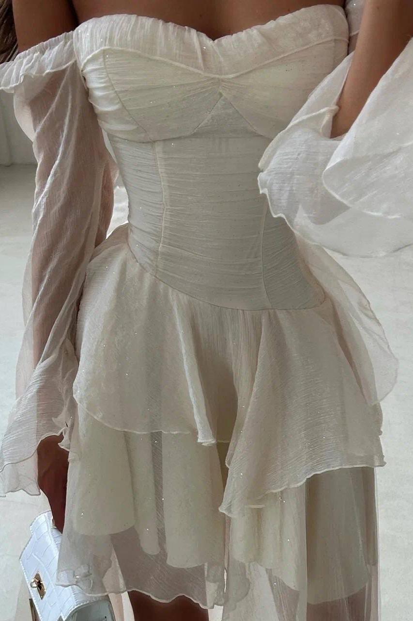 Strapless Long Sleeves Off the Shoulder Short Prom Dress With Ruffles