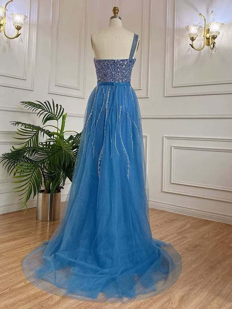 Sleeveless Mermaid Evening Dress with Split, One Shoulder, Sequins, and Tulle