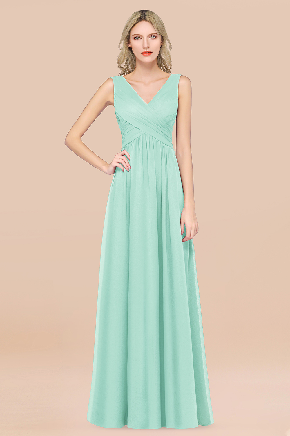 27prom Glamorous Chiffon V-Neck Sleeveless Burgundy Bridesmaid Dress with Draped Back-27prom