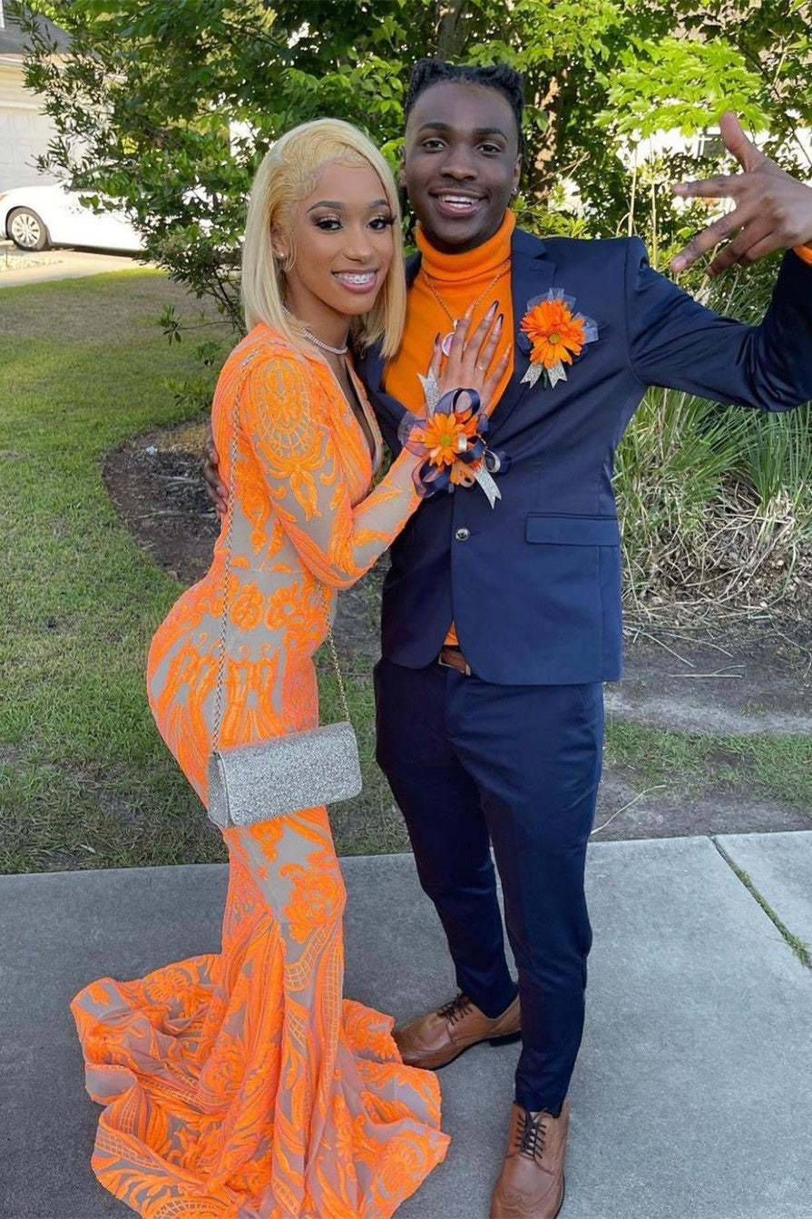 Long Sleeves Orange V-Neck Mermaid Prom Dress