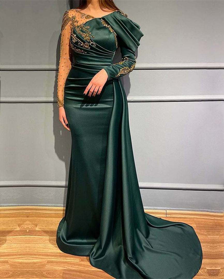 Dark Green Long Sleeves Mermaid Evening Dress with Beads Appliques