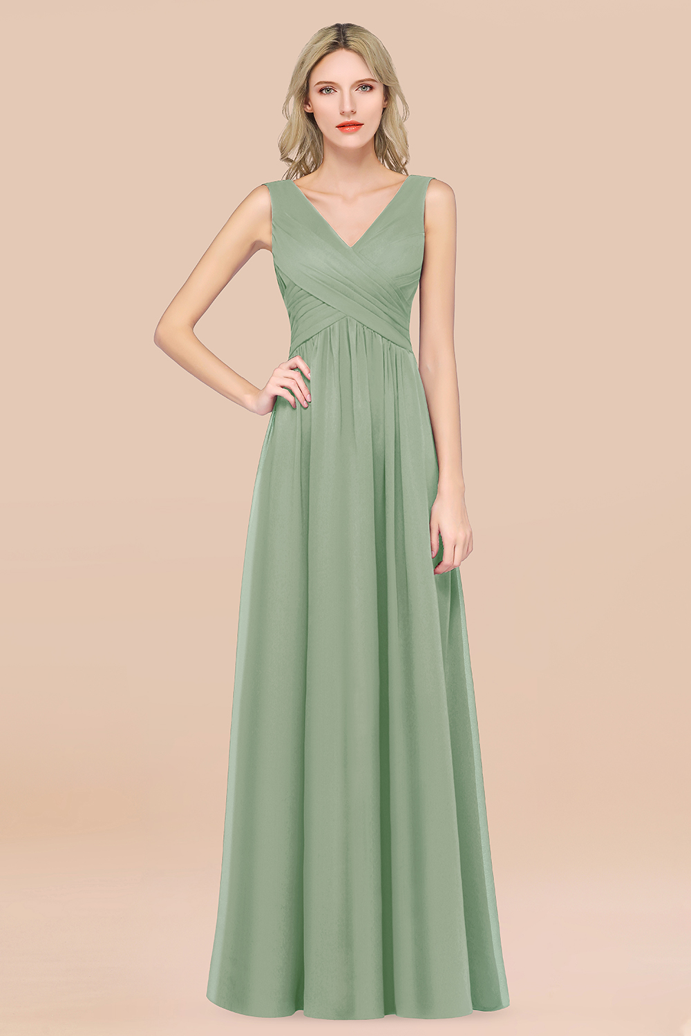 27prom Glamorous Chiffon V-Neck Sleeveless Burgundy Bridesmaid Dress with Draped Back-27prom