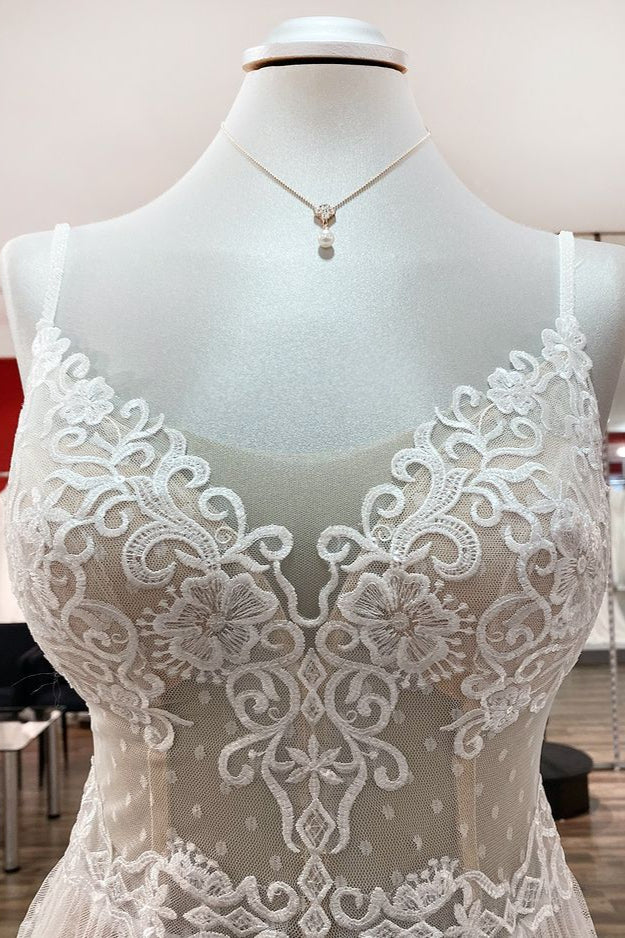 Luxury V-Neck Long A-Line Wedding Dress with Open Back, Tulle, and Lace