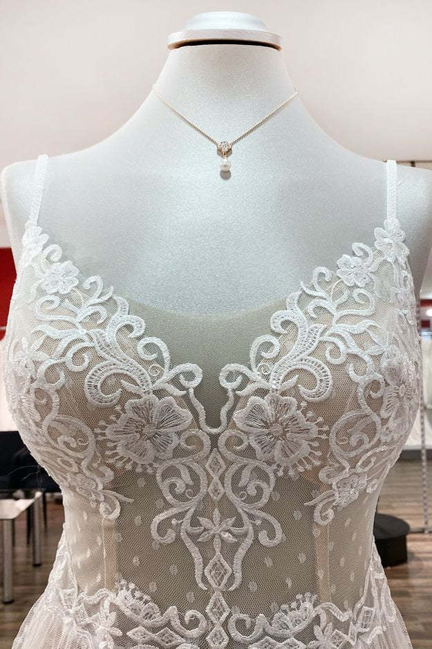 Luxury V-Neck Long A-Line Wedding Dress with Open Back, Tulle, and Lace