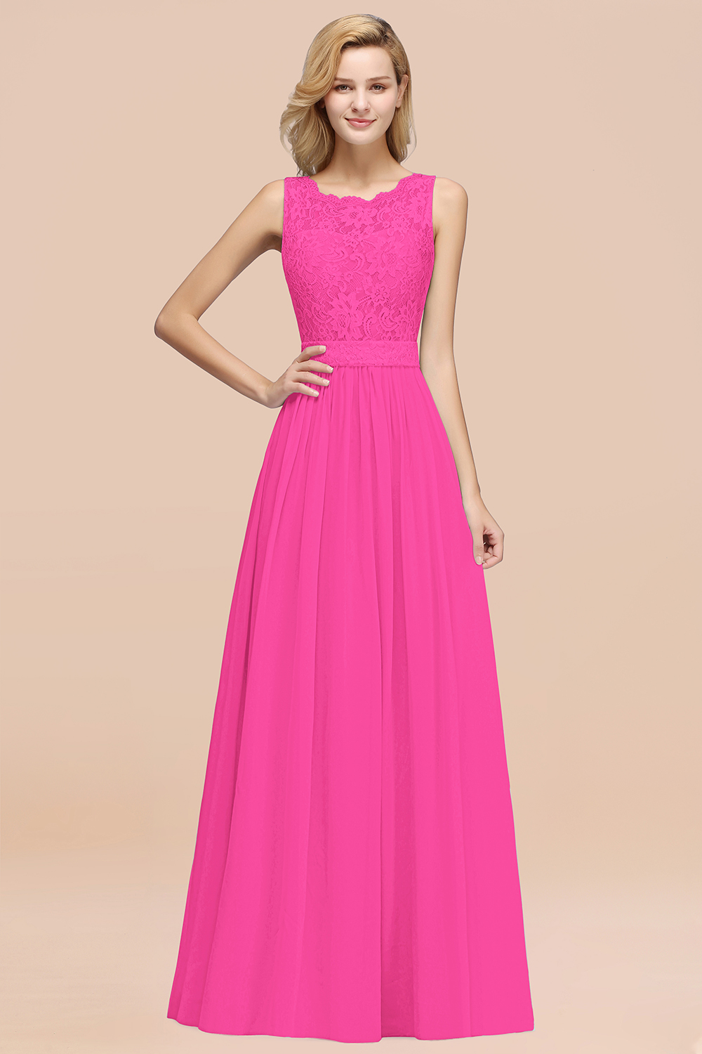 27prom Elegant Chiffon Lace Scalloped Sleeveless Ruffle Bridesmaid Dresses-27prom