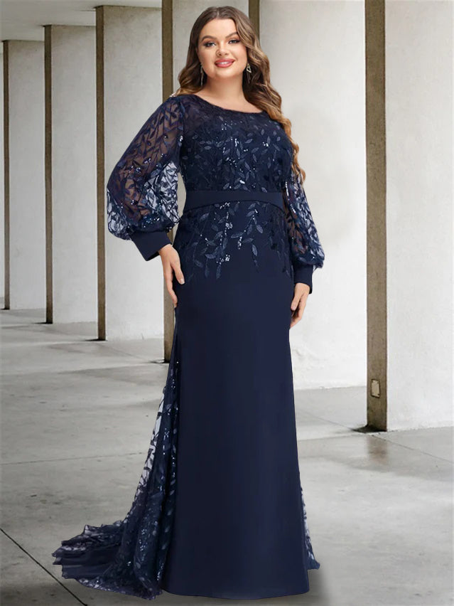 Plus Size Floor-Length Mermaid/Trumpet Mother of the Bride Dress with Scoop Neck and Long Sequined Sleeves-27prom
