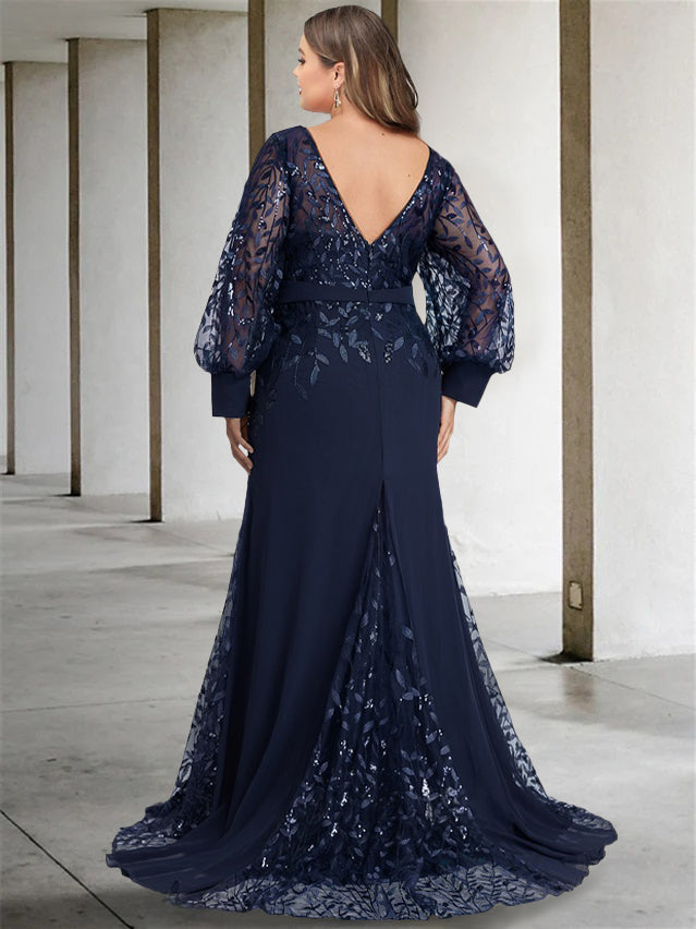 Plus Size Floor-Length Mermaid/Trumpet Mother of the Bride Dress with Scoop Neck and Long Sequined Sleeves-27prom
