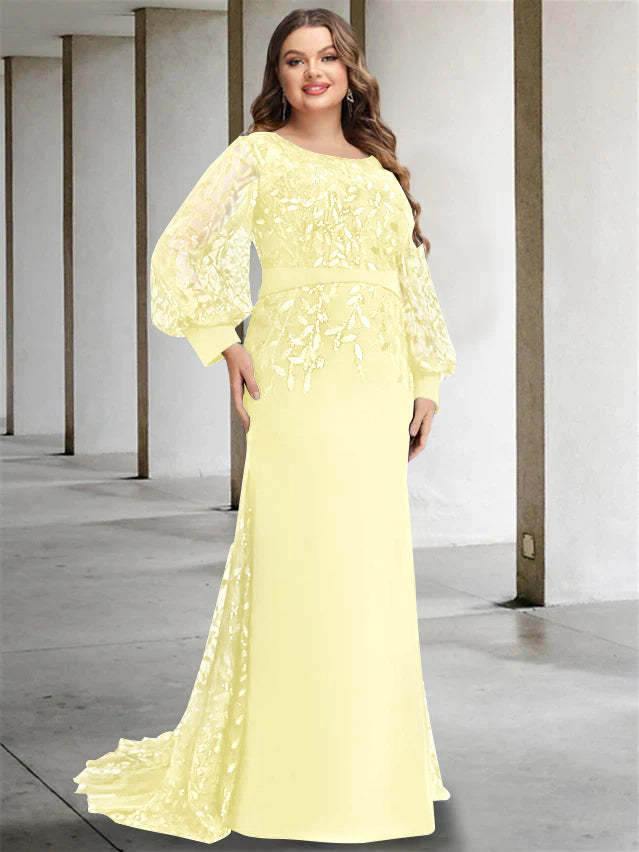 Plus Size Floor-Length Mermaid/Trumpet Mother of the Bride Dress with Scoop Neck and Long Sequined Sleeves-27prom