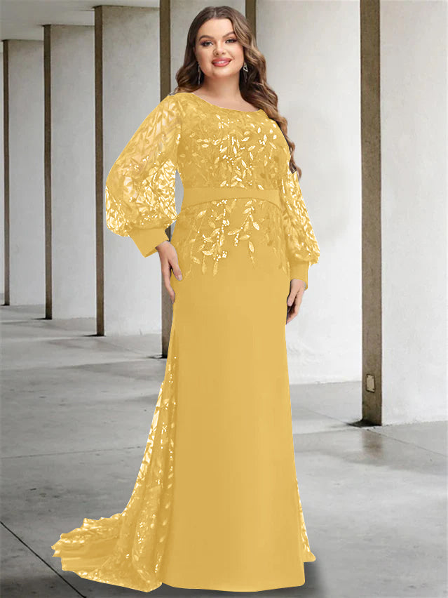 Plus Size Floor-Length Mermaid/Trumpet Mother of the Bride Dress with Scoop Neck and Long Sequined Sleeves-27prom