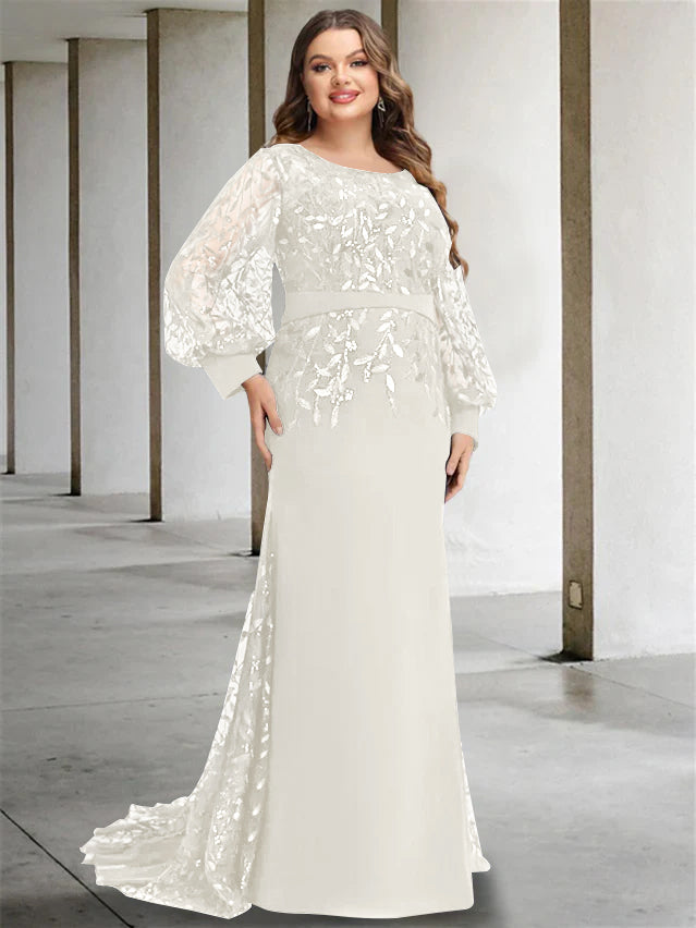 Plus Size Floor-Length Mermaid/Trumpet Mother of the Bride Dress with Scoop Neck and Long Sequined Sleeves-27prom