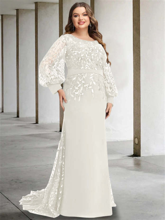 Plus Size Floor-Length Mermaid/Trumpet Mother of the Bride Dress with Scoop Neck and Long Sequined Sleeves-27prom