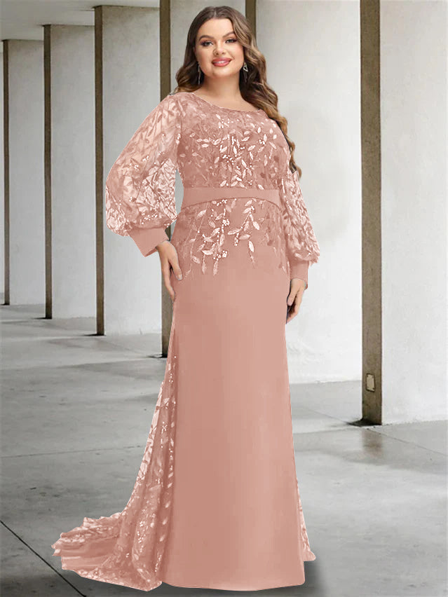 Plus Size Floor-Length Mermaid/Trumpet Mother of the Bride Dress with Scoop Neck and Long Sequined Sleeves-27prom