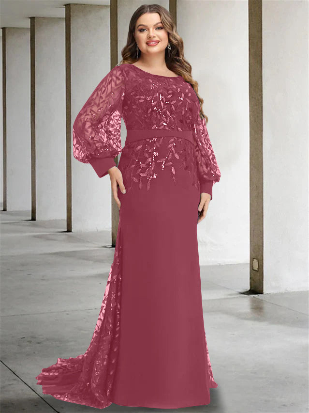 Plus Size Floor-Length Mermaid/Trumpet Mother of the Bride Dress with Scoop Neck and Long Sequined Sleeves-27prom