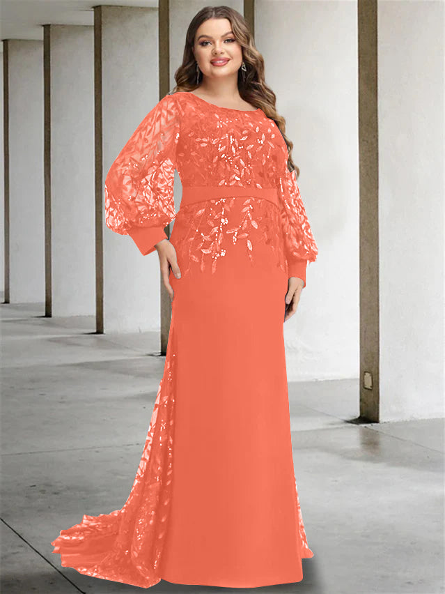 Plus Size Floor-Length Mermaid/Trumpet Mother of the Bride Dress with Scoop Neck and Long Sequined Sleeves-27prom