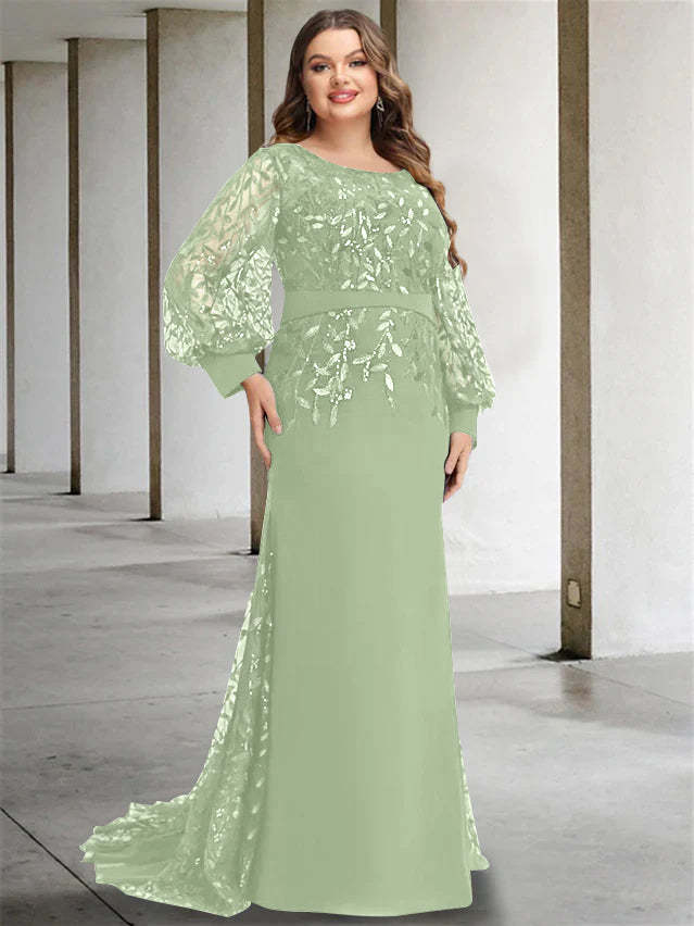 Plus Size Floor-Length Mermaid/Trumpet Mother of the Bride Dress with Scoop Neck and Long Sequined Sleeves-27prom