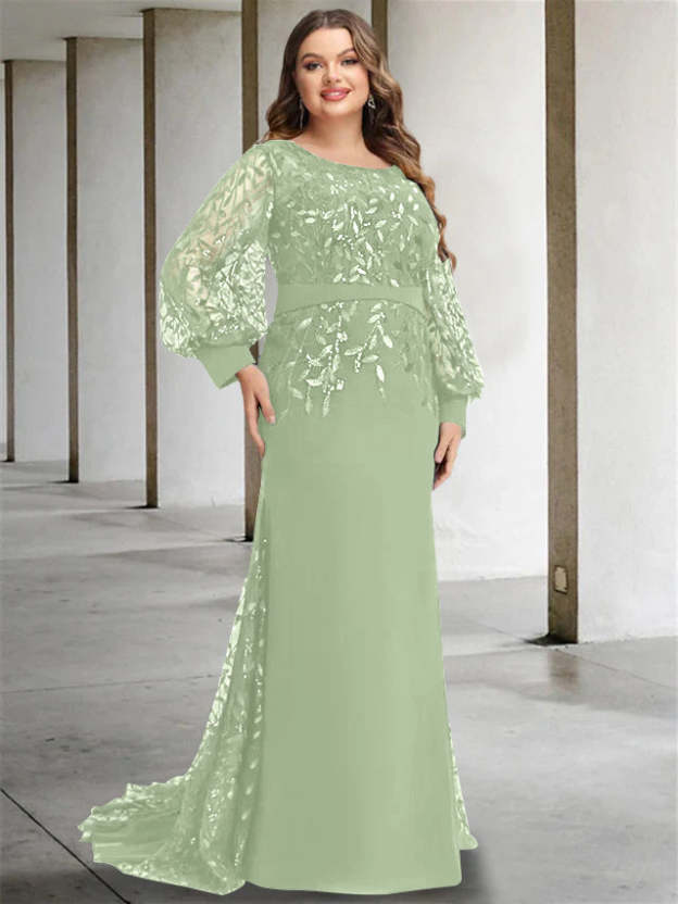 Plus Size Floor-Length Mermaid/Trumpet Mother of the Bride Dress with Scoop Neck and Long Sequined Sleeves-27prom
