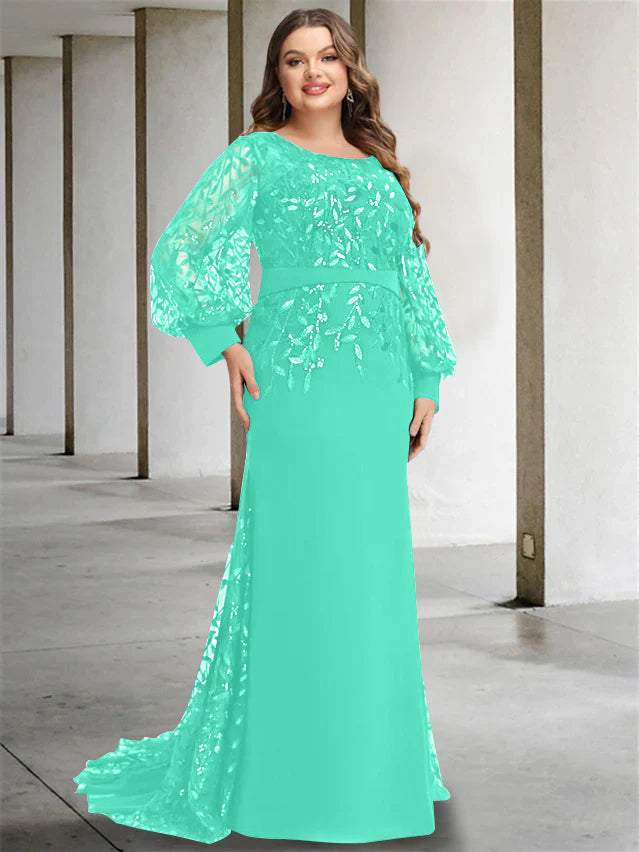 Plus Size Floor-Length Mermaid/Trumpet Mother of the Bride Dress with Scoop Neck and Long Sequined Sleeves-27prom