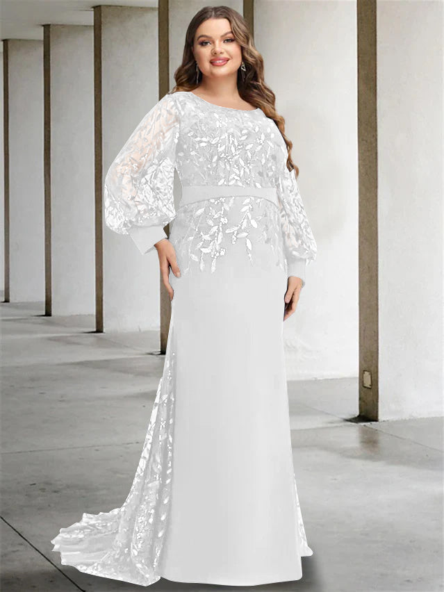 Plus Size Floor-Length Mermaid/Trumpet Mother of the Bride Dress with Scoop Neck and Long Sequined Sleeves-27prom