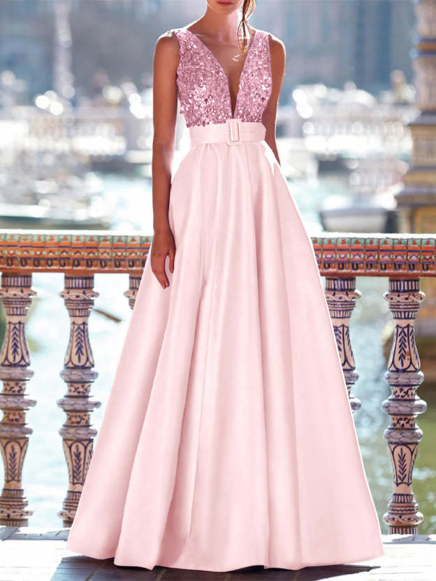 Sleeveless V-Neck A-Line Prom Dress with Pockets in Floor-Length Satin and Pearls-27prom