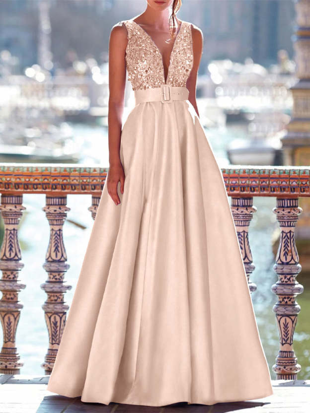 Sleeveless V-Neck A-Line Prom Dress with Pockets in Floor-Length Satin and Pearls-27prom
