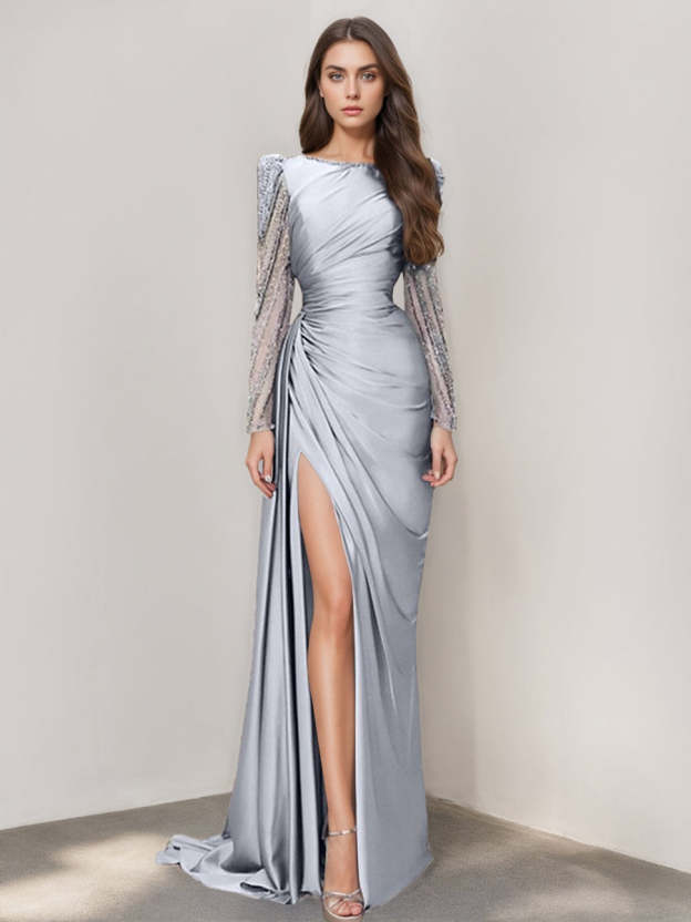 Long Sleeve Satin Prom Dress with Mermaid Train Jewel Neck and Ruched Slit-27prom