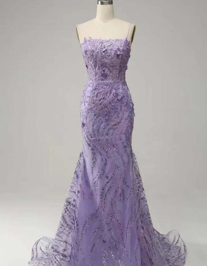 Glamorous Purple Applique Spaghetti Strap Mermaid Prom Dress