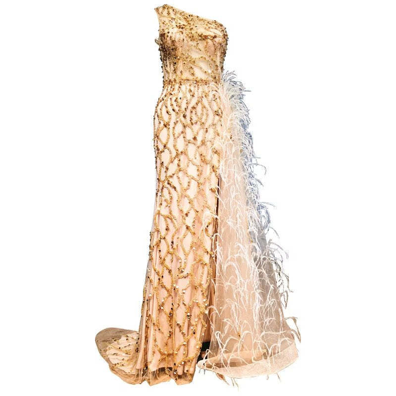 Elegant One-Shoulder Mermaid Evening Dress with Split, Beading, and Feathers