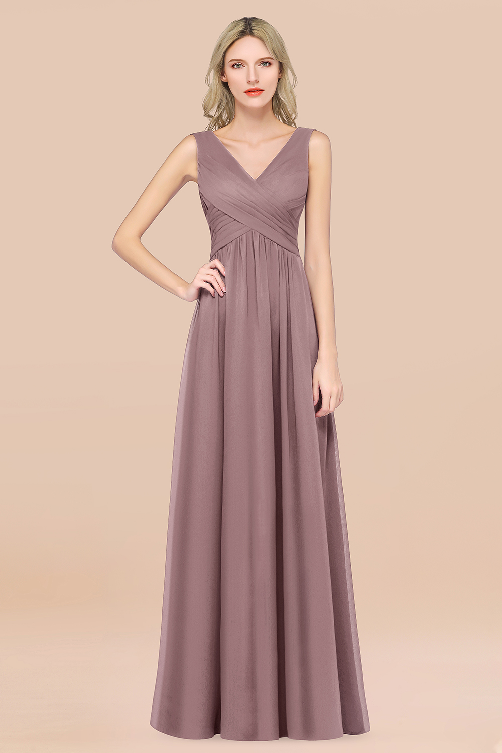 27prom Glamorous Chiffon V-Neck Sleeveless Burgundy Bridesmaid Dress with Draped Back-27prom