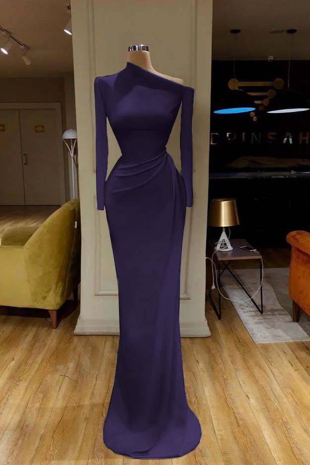 Charming White One Shoulder Mermaid Long Sleeves Prom Dress With Pleated