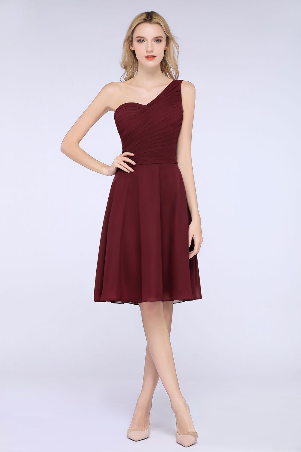 27prom Chic One-Shoulder Short Burgundy Affordable Bridesmaid Dress with Ruffle-27prom