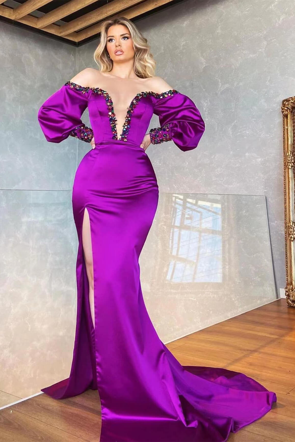 Purple Mermaid Beadings Front Split Prom Dress Off the Shoulder With Long Sleeves V Neck