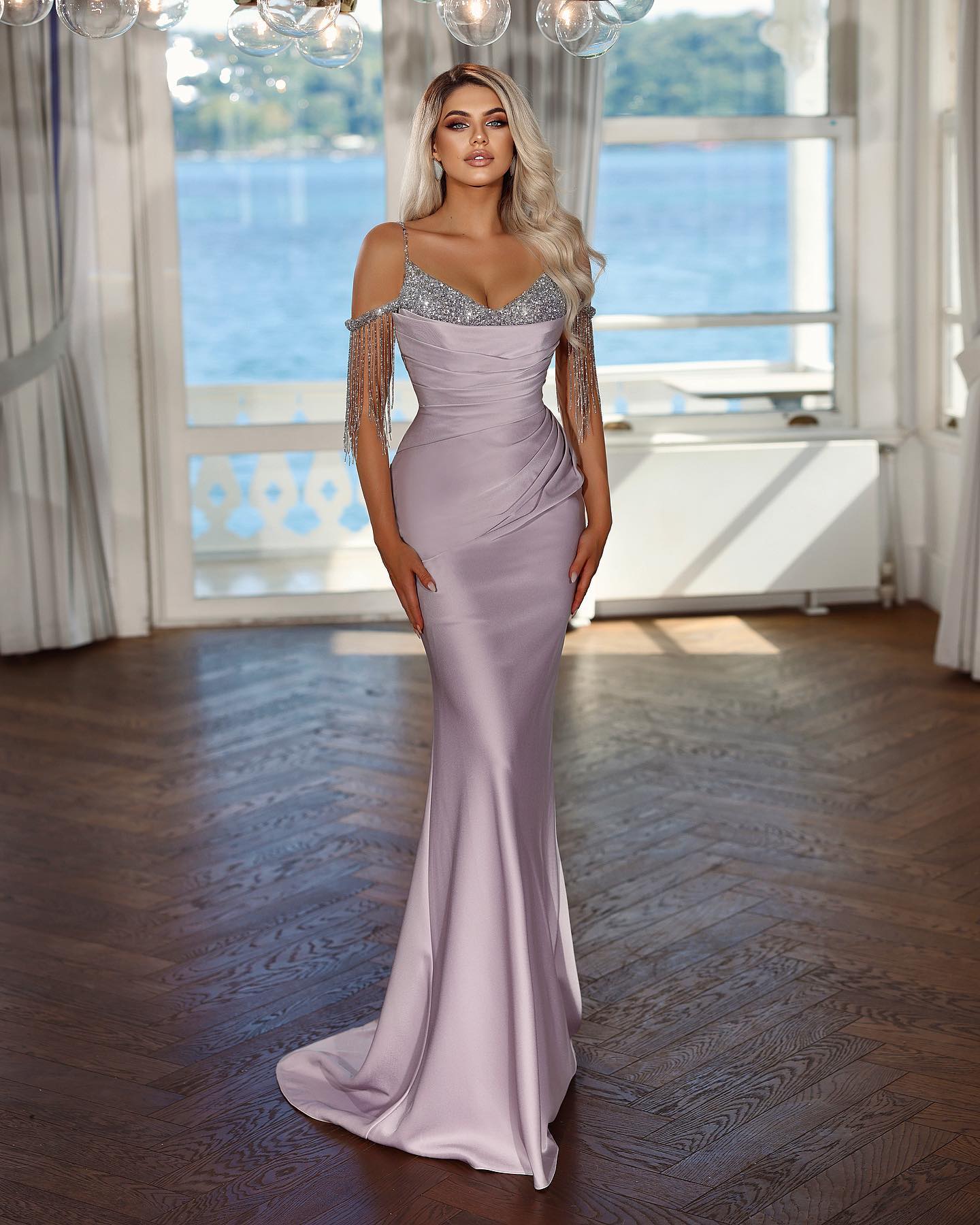 Elegant Lavender Long Evening Dress with Spaghetti Straps and Sequins Tassel