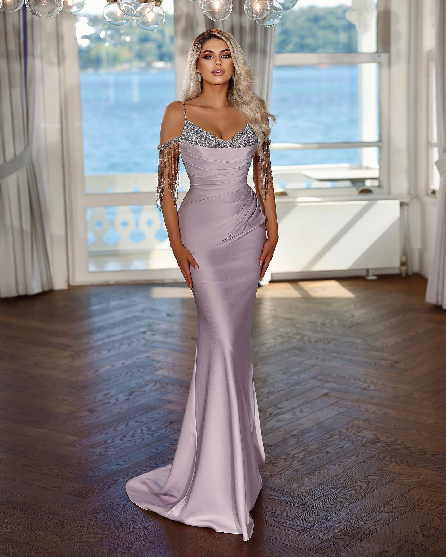 Elegant Lavender Long Evening Dress with Spaghetti Straps and Sequins Tassel